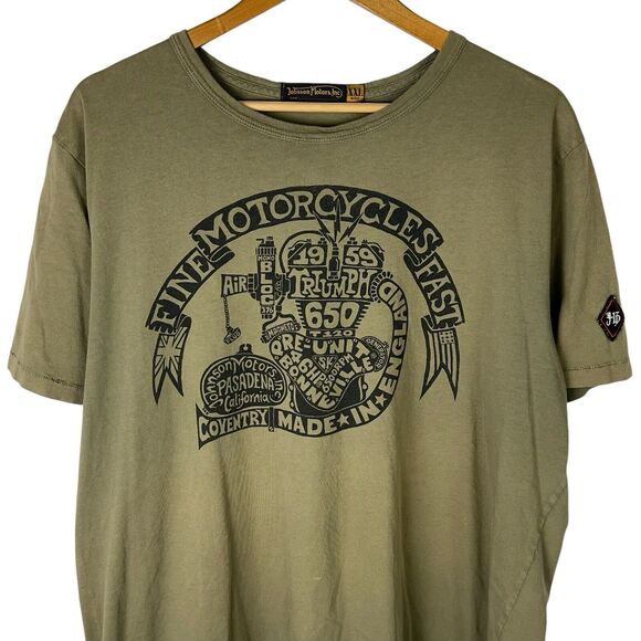 VTG Johnson Motors Shirt Mens 2XL Triumph Bikes Moto Motorcycle Racer Engine USA